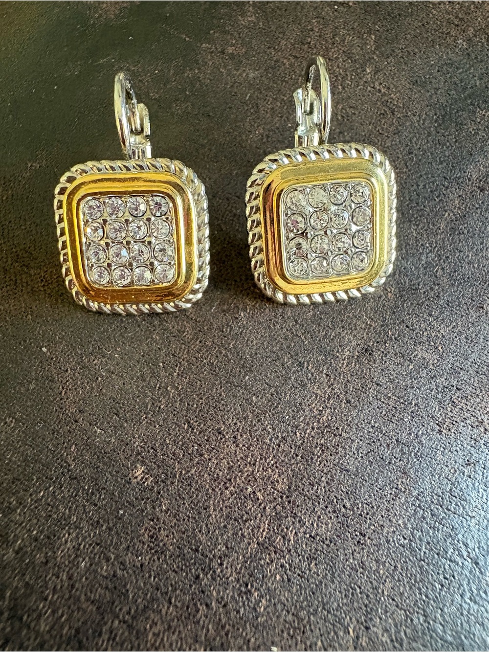 Two-Tone Gold and Silver Crystal Square Drop Earrings